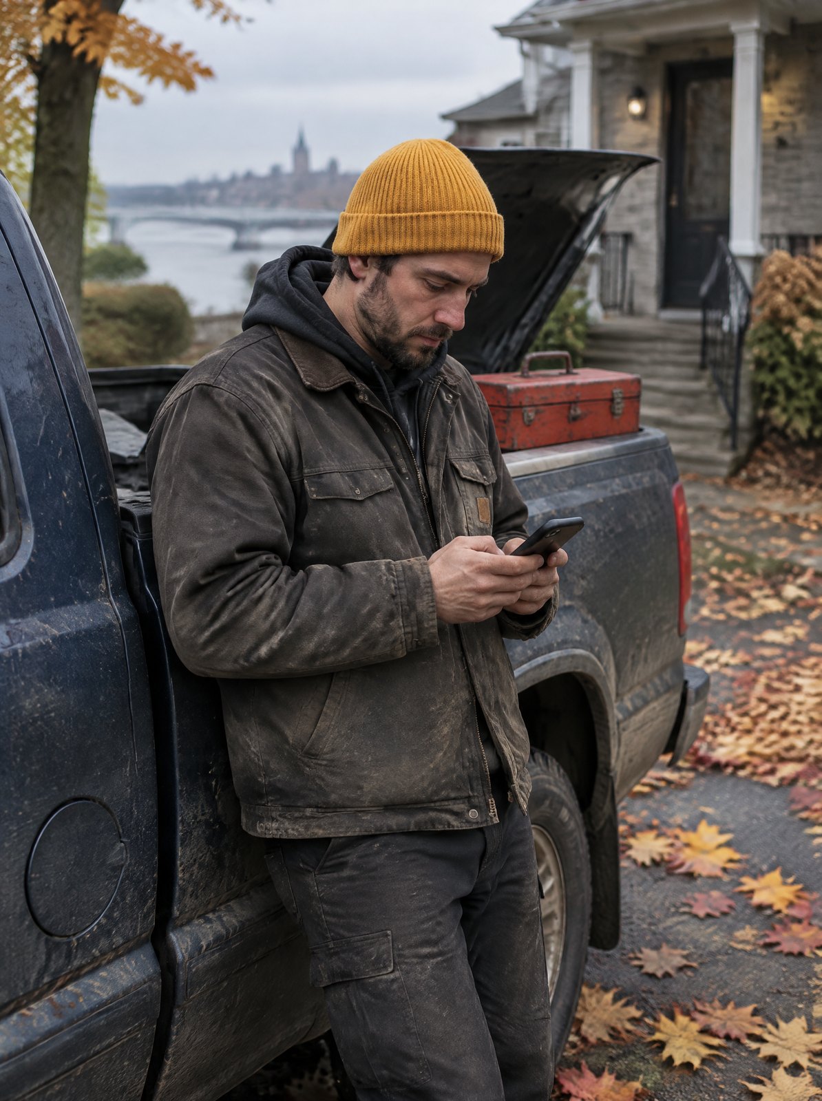 Homme en tuque consultant son téléphone devant son camion